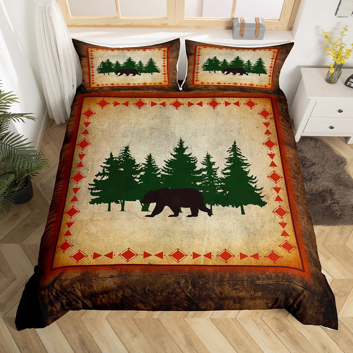 Cabin Bear Duvet Cover Twin Rustic Bedding Bear Wildlife Comforter Cover Botanical Tree Pattern