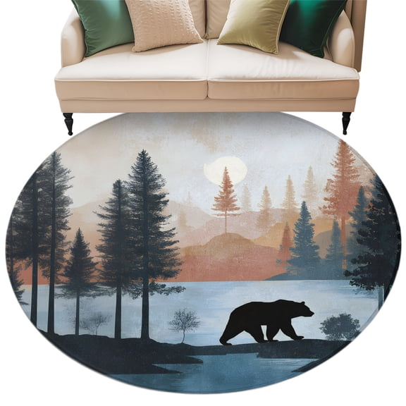 Cabin Bear Forest Round Rug 6ft Washable Circle Kitchen Rugs Non Slip Farmhouse Lake Pine Trees Landscape Large Area Rug Indoor Floor Carpet for Bedroom Living Room Home Office Dining Room Nursery
