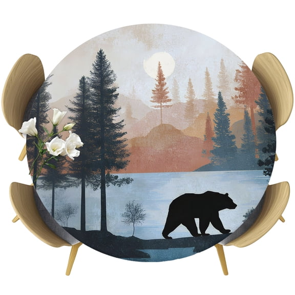 Cabin Bear Forest Round Tablecloth 36-44 Inch Round Fitted Table Cloth with Elastic Edge, Farmhouse Lake Pine Trees Landscape Waterproof Table Cover Protector for Outdoor Picnic Party Dining
