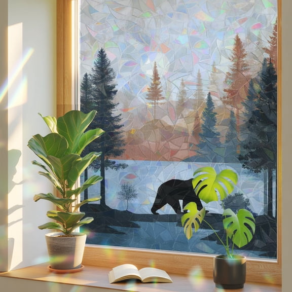 Cabin Bear Forest Window Privacy Film Rainbow Static Cling Stain Glass Window Film for Glass Door, Decorative Sunroof Decal Sticker for Car Home 17.7"x39.3" Farmhouse Lake Pine Trees Landscape