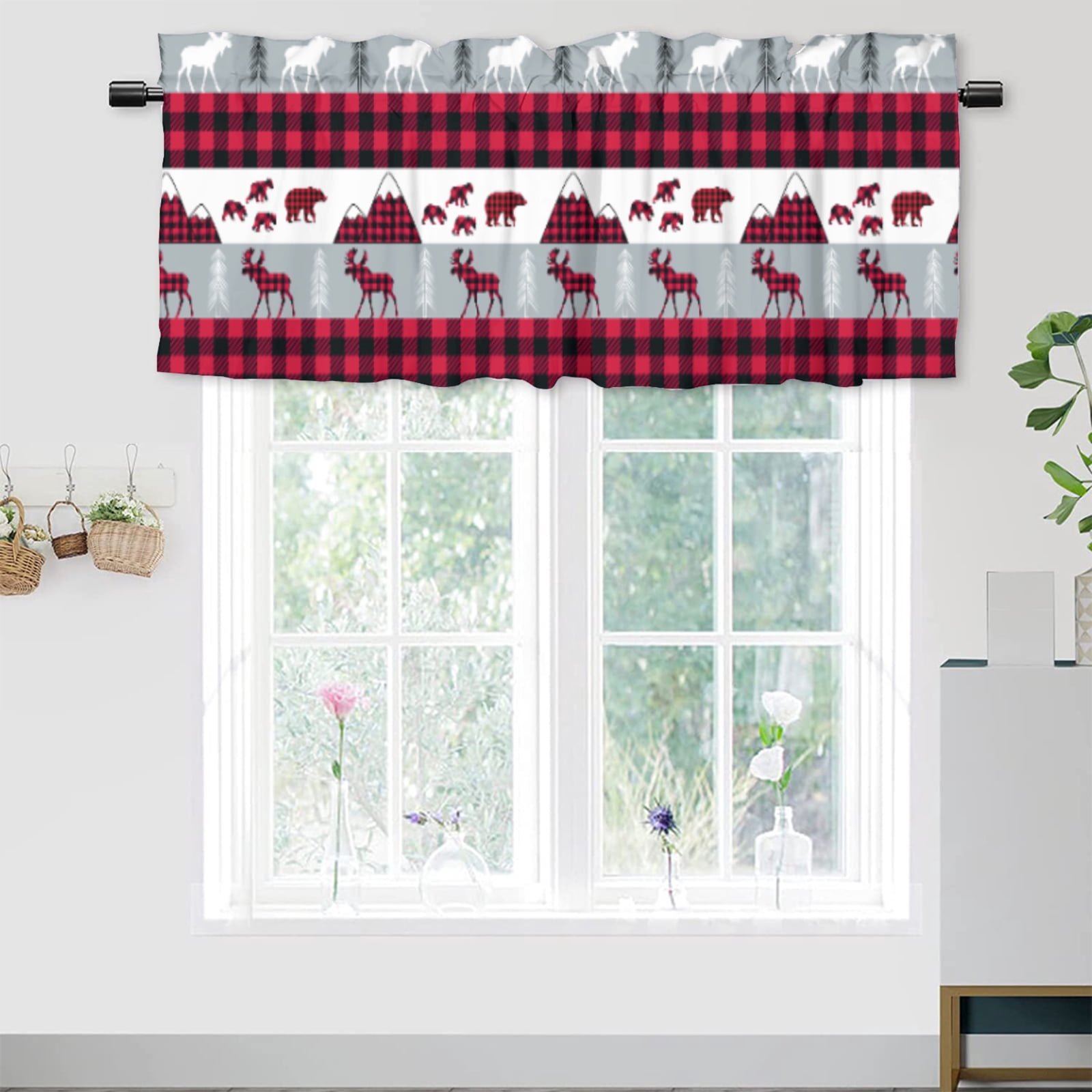 Cabin Bear Kitchen Valances Rustic Bear Moose Red Plaid Forest Mountain ...
