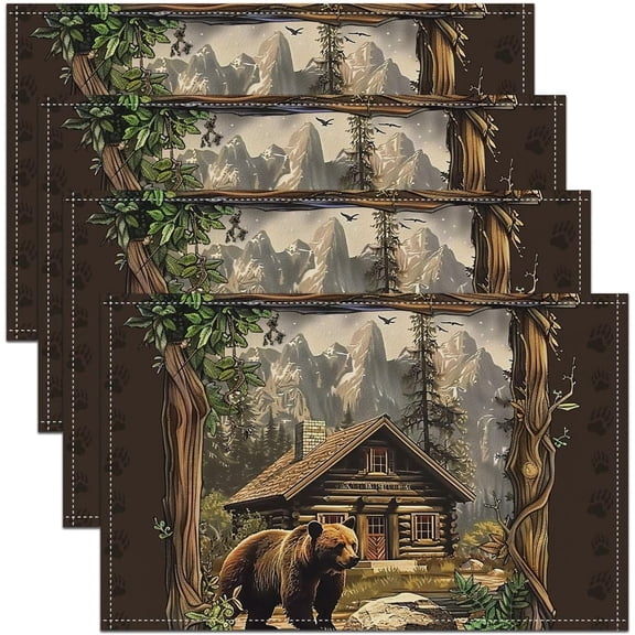 Cabin Bear Placemats Set of 4 Western Bear Table Mats for Party Kitchen Dining Decoration Rustic Farmhouse Place Mat for Table Holiday Decor Indoor Outdoor 18"x12" Non-Slip Easy to Clean