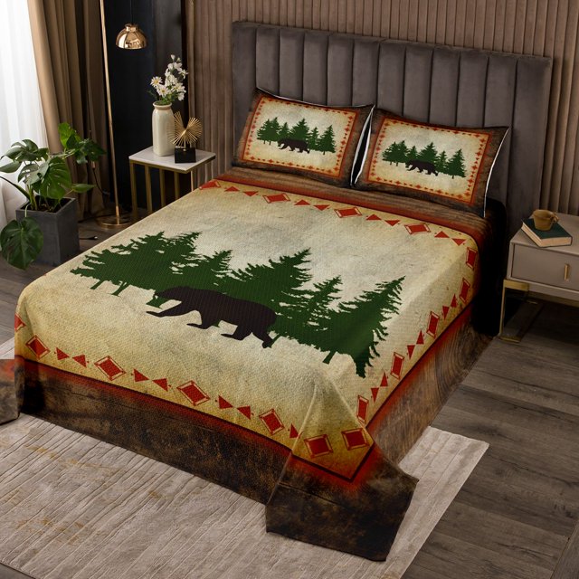 Cabin Bear Quilt Set Queen Rustic Bedding Bear Bedspread Set Botanical