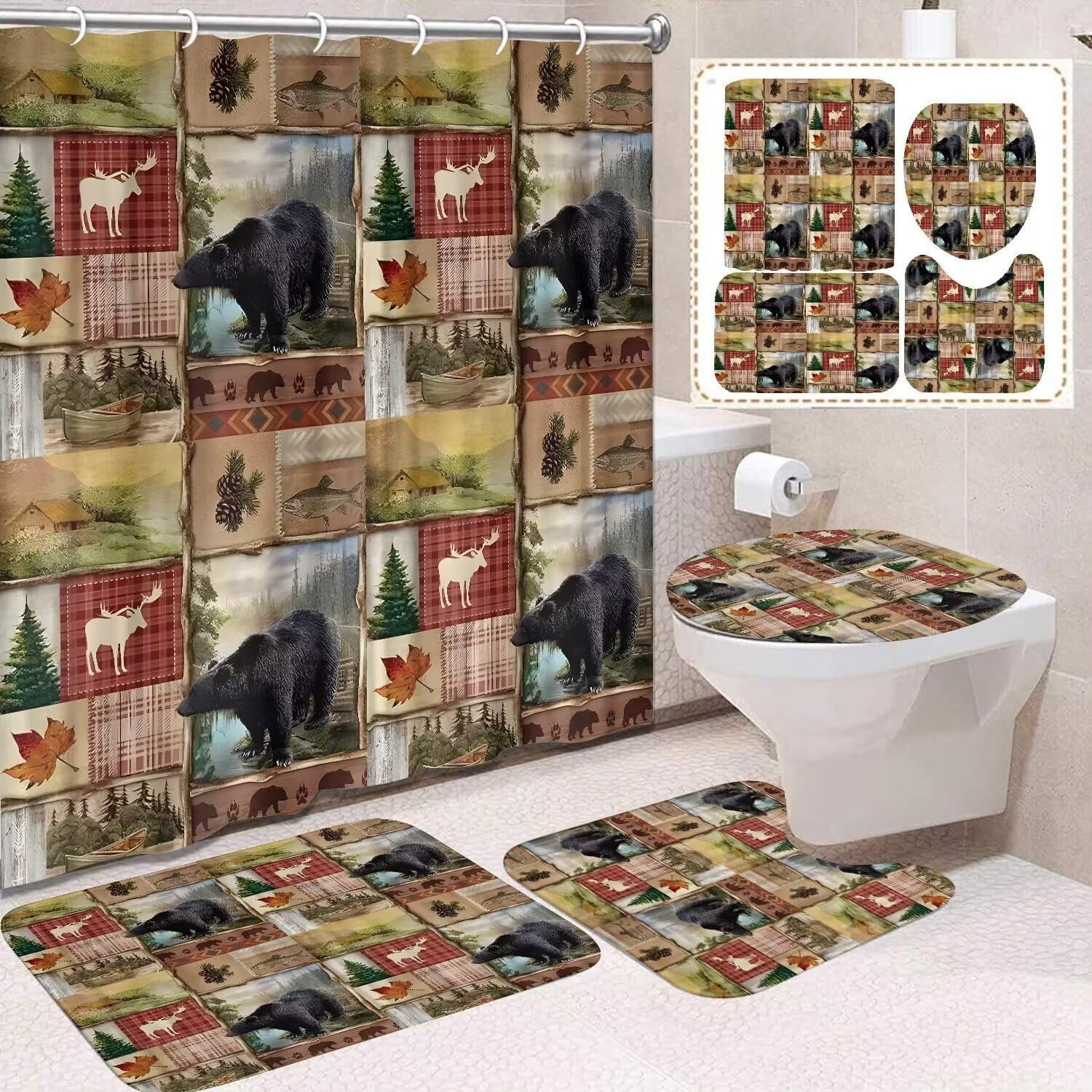 Cabin Bears Vintage Brown Shower Curtain Sets Country Animal Moose Bath ...