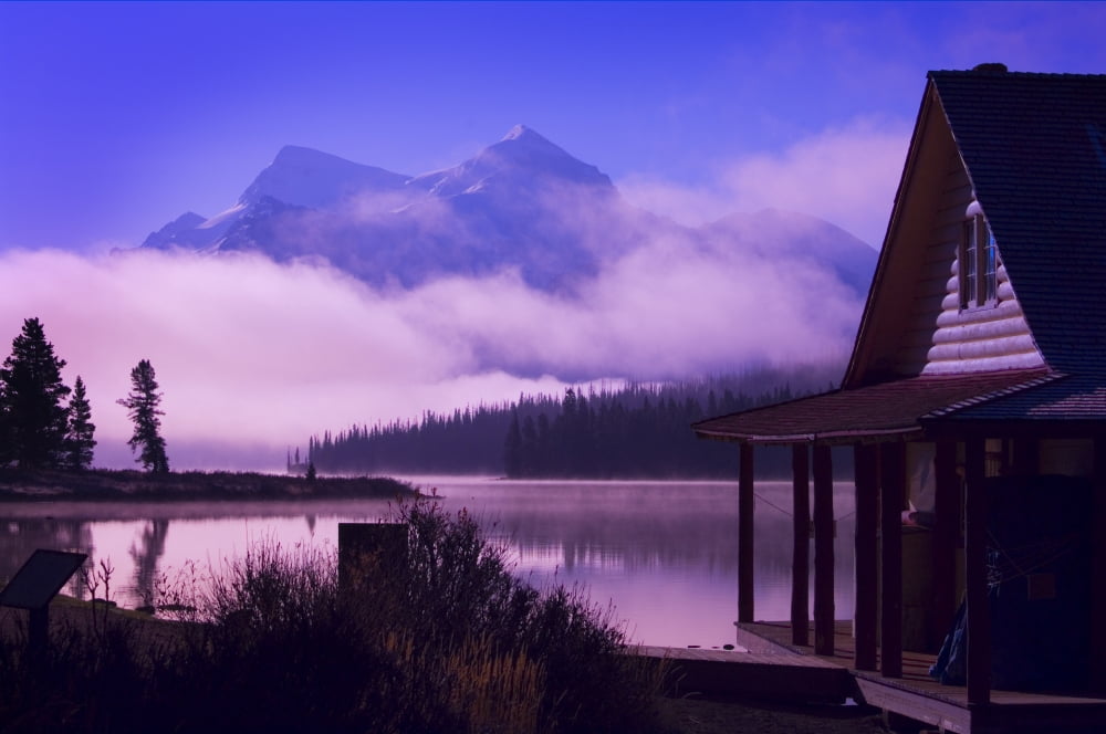 Cabin Boathouse And Foggy Sunrise Over Mountain Lake Canvas Art - Corey Hochachka Design Pics (17 x 11)