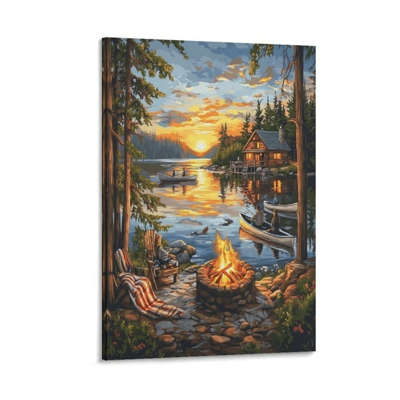 Cabin Boats And Canoes in The Water at Sunset Wall Art for Bathroom The Lake in The Fall Canvas Picture Picture Living Room Girls Room Kids Room Decor Canvas Print 16x24inch Framed Artwork