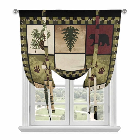 Cabin Buffalo Plaid Tie Up Curtains for Window, Thermal Insulated Balloon Shade Adjustable Rod Pocket Curtains Valance Panels for Kitchen Bathroom Cafe 42 x 45 Forest Bear Splicing