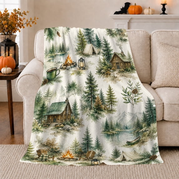 Cabin Campfire Pine Forest Adventure Art Flannel Blanket, Cozy Watercolor Lake Tent Couch Throw for Campers, Warm Bedroom Cabin Home Decor, Christmas Birthday Gift