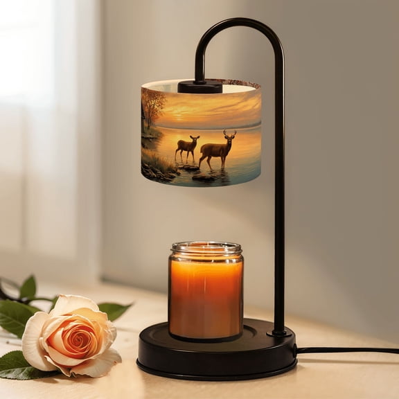 Cabin Candle Warmer Lamp with Timer Dimmer Serene Autumn Landscape Deer by River Sunset Candle Lamp Warmer for Jar Candle with 4 Bulbs Birthday Gifts for Women House Warming Gifts