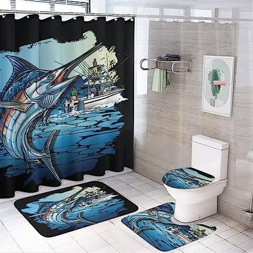Cabin Cartoon Fishing 4 Piece Shower Curtain Sets,Retro Anime Ocean ...