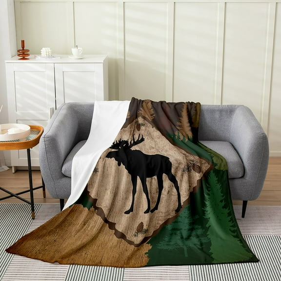 Cabin Decor Animal Moose Throw Blanket Forest Trees Decorative Fleece Blanket Vintage Grunge Background Flannel Blanket Wildlife Elk Moose Throw 50x60 inch Bed Blanket for Living Room Soft