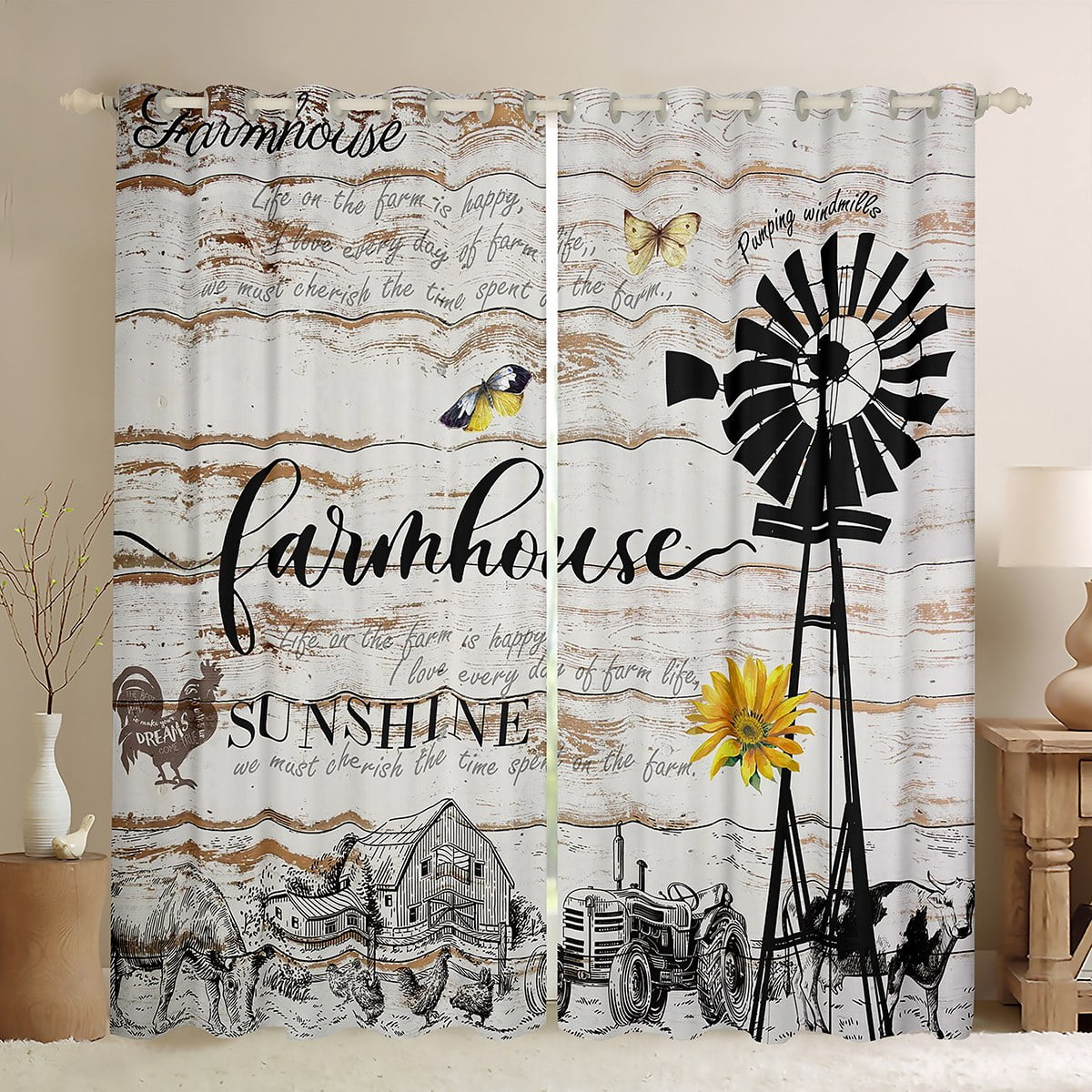 Cabin Decor Blackout Curtains, Farmhouse Windmill Curtains Rustic Cow