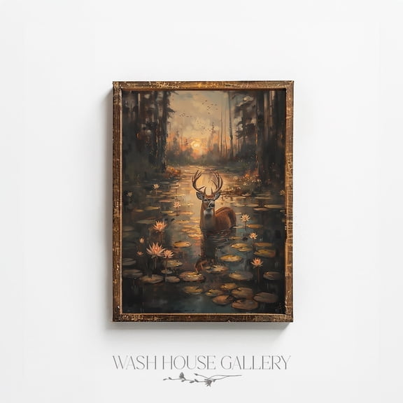 Cabin Decor, Hunting Wall Art, Whitetail Deer Poster, Lilypad Pond, Nature Wall Art, Dark Academia, Rustic, Lodge Decor, 12x18 UNFRAMED