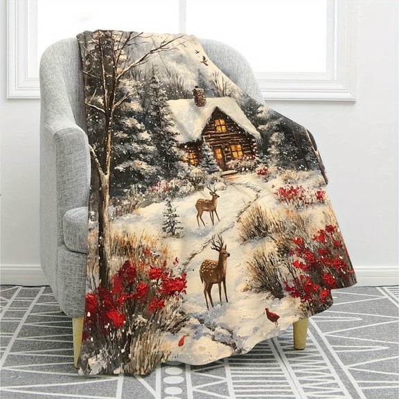 Cabin Deer Winter Landscape Print Flannel Throw Blanket, Choose From 30 x 40, 40 x 50, 50 x 60, 60 x 80 Inches, Soft Cozy Blanket for Sofa