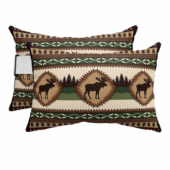 Cabin Elk Brown Outdoor Pillows for Chaise Lounge Chair Beach Headrest Pillow Set of 2 Waterproof Lumbar Pillows with Insert&Adjustable Strap Lodge Ethnic Tribe Forest Green Pool Pillow 12"x20"