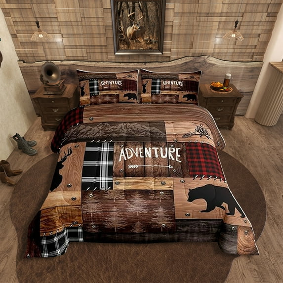 Cabin Home Comforter Sets Full Size Hunting Bear Deer Animals Theme Quilted Duvet Men Teens Bedroom Decor Brown Wooden Rustic Farmhouse Style Bedding Sets Patchwork Plaid Bedspread