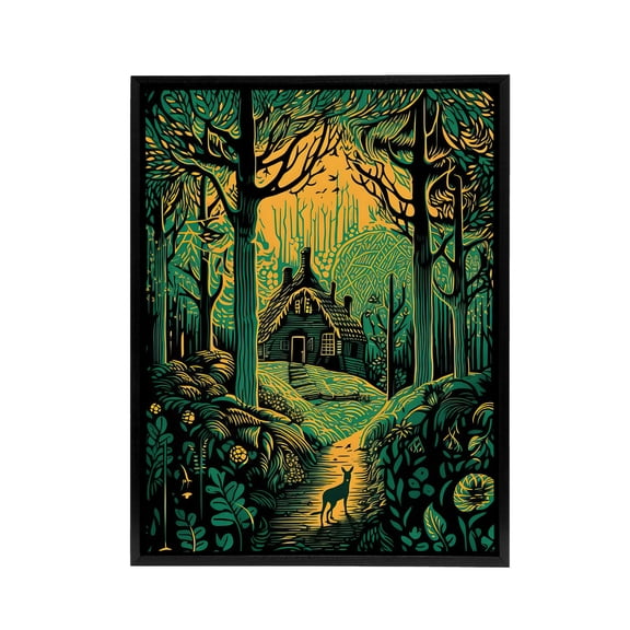 Cabin Hut In A Forest At Sunrise Black Framed Canvas Wall Art Print 24X32"