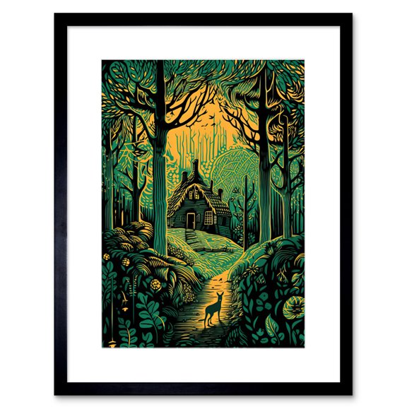 Cabin Hut in the Forest Green and Orange Linocut Artwork Framed Wall Art Print 9X7 Inch