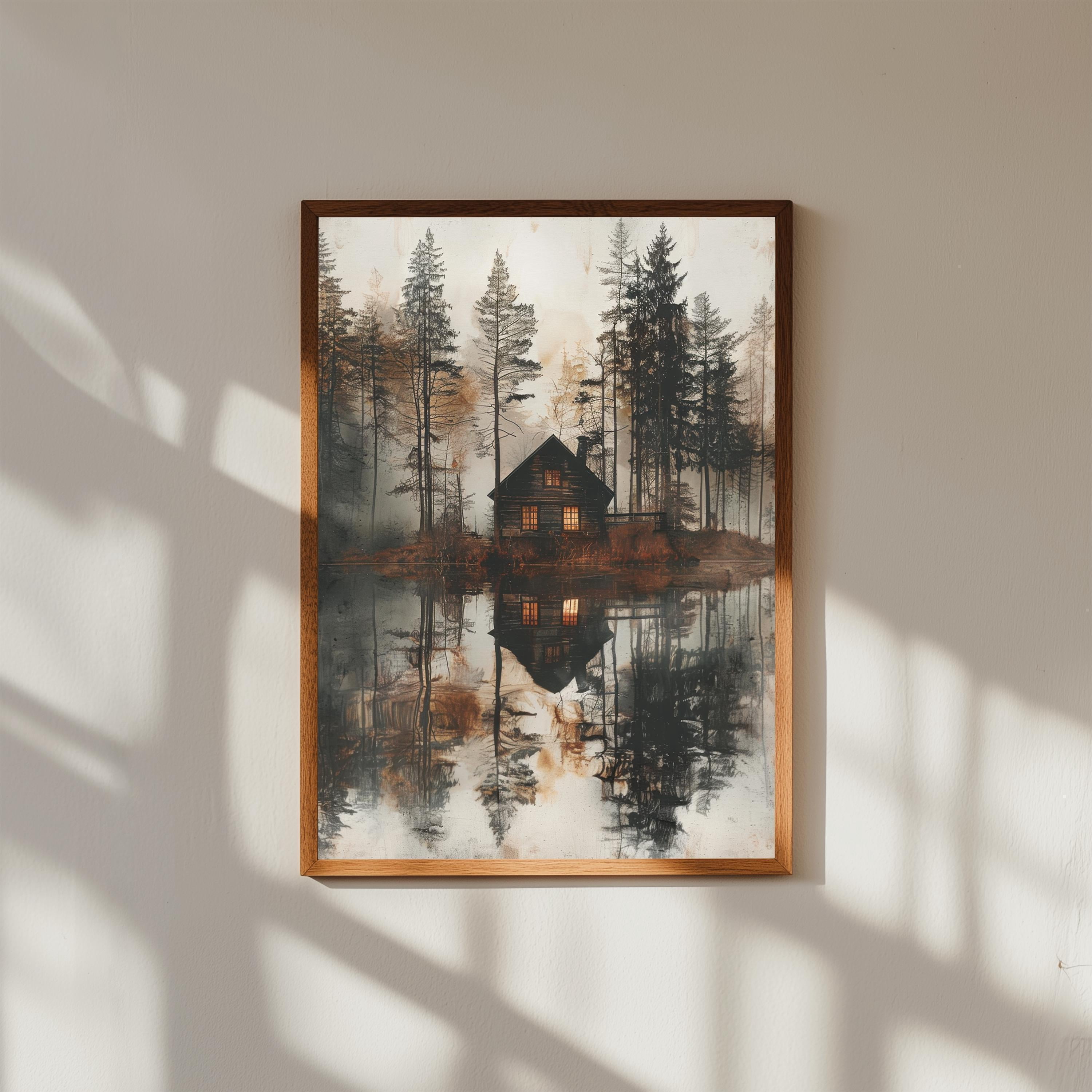 Cabin In Forest Lake Reflection Serene Landscape Classic Art Poster ...