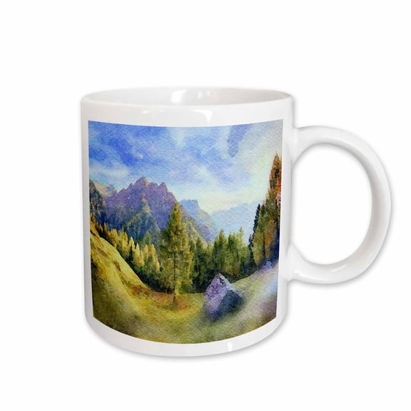 3drose, Cabin in the Mountains on a Green Hillside Image of Watercolor, 11oz Mug
