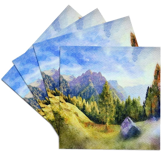3drose, Cabin in the Mountains on a Green Hillside Image of Watercolor, Set of 4 Ceramic Tile Coasters
