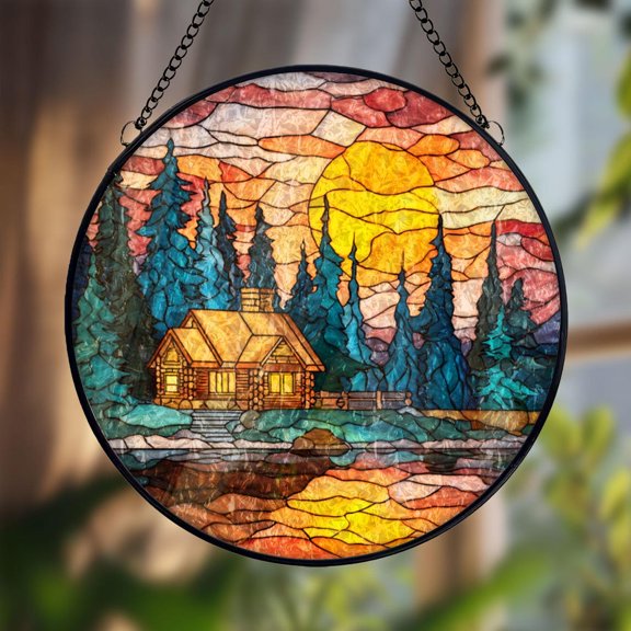 Cabin In The Woods Glass Suncatcher, Sunset Forest Window Hanging, Cozy Log House Sun Catcher Gift For Home Decor, Suncatcher Window Hanging, 3.5 in