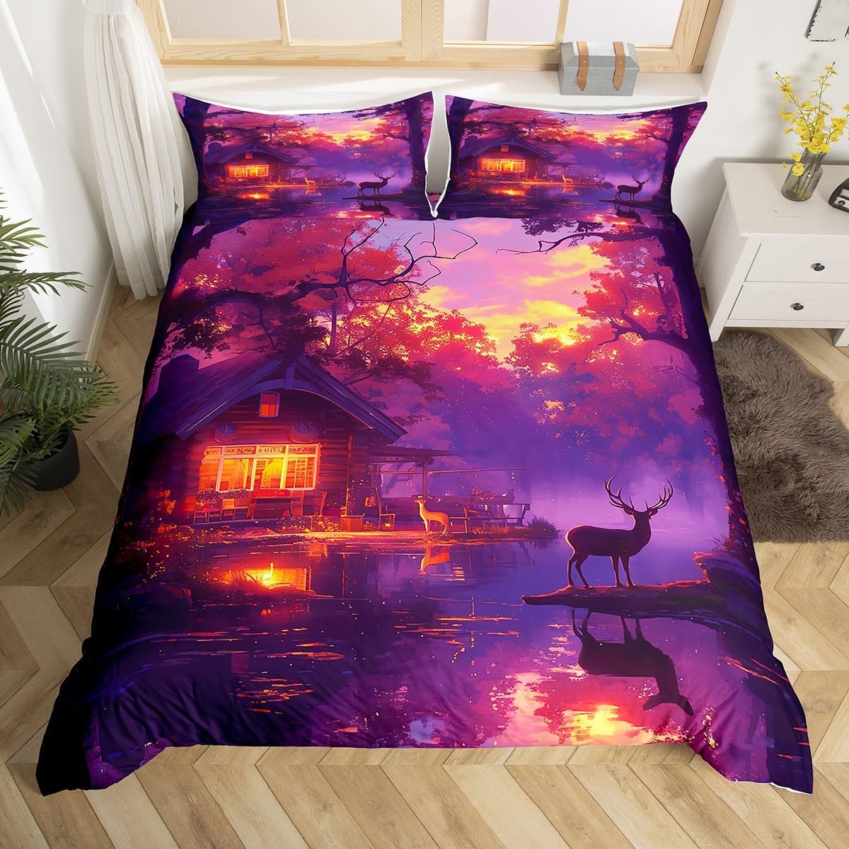 Cabin Lake Duvet Cover Set,Deer Hunt Animal Rustic Farmhouse Comforter