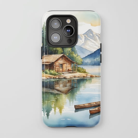 Cabin Lake Scene For All iPhone Series Tough Phone Case Watercolor