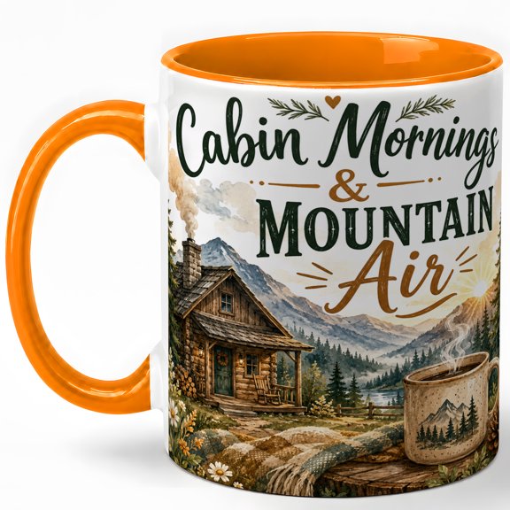 Cabin Mornings and Mountain Air Coffee Mug, Rustic Cabin Landscape Design, 11 oz Ceramic Cup