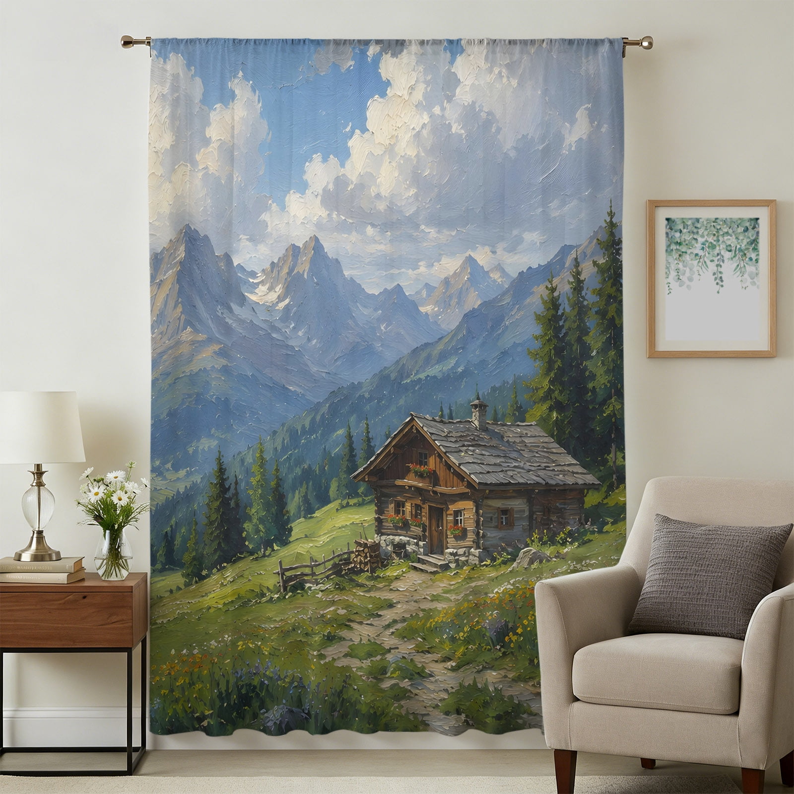 Cabin Mountains Sheer Curtains 54 Inches Long, Farmhouse Rural Nature