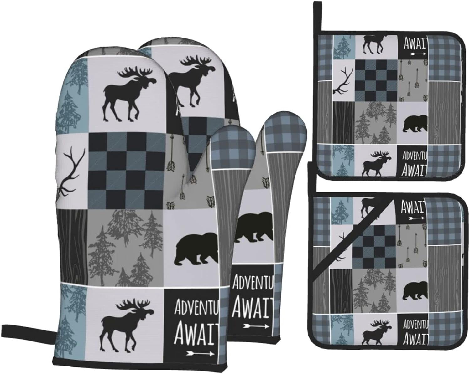 Cabin Oven Mitts and Pot Holders Set of 4 Bear Moose Cotton Lining with Non-Slip Hot Pads, Heat Resistant Kitchen Microwave Oven Gloves for Cooking Baking Grilling BBQ Decorative Gift