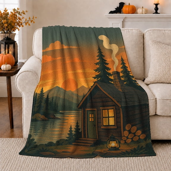 Cabin Pine Forest Twilight, Peaceful Mountain Lake Scene, Warm Flannel Blanket for Cabin and Lodge with Detailed Artwork, Outdoor Lovers Camping Gift, Rustic Home Decor