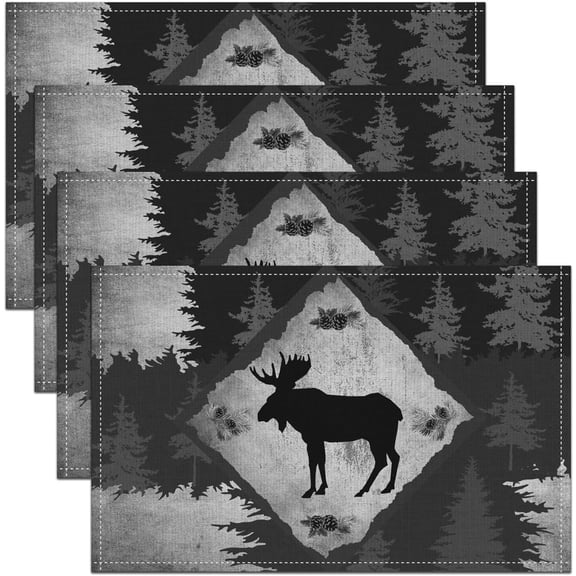 Cabin Placemats 12x18 Inch Set of 4 Cartoon Moose Wild Animal Silhouette Place Mats for Kids Teens Adults Gray Plaid Jungle Trees Rustic Style Kitchen Mats for Dining Table