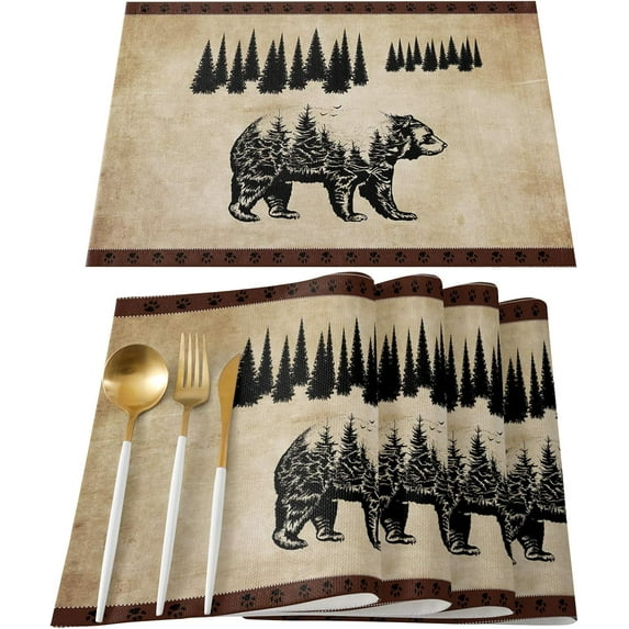 Cabin Placemats Vintage Black Bear Pine Tree Silhouettes Tablemats for Dinner Table， Retro Rustic Non-Slip Washable Heat Resistant Table Mats Set of 4