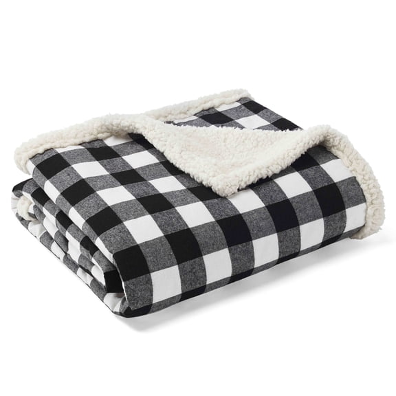 Cabin Plaid Black Sherpa Fleece Throw Blanket by Eddie Bauer