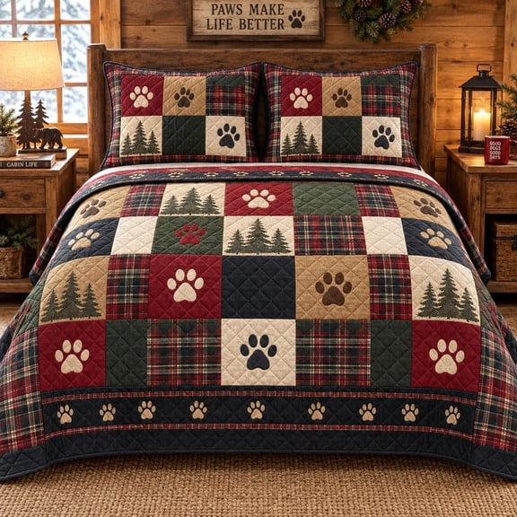 Cabin Plaid Paw Print Quilted Bedding Set, Rustic Dog Lover Quilt, Lodge Pine Tree Patchwork Blanket