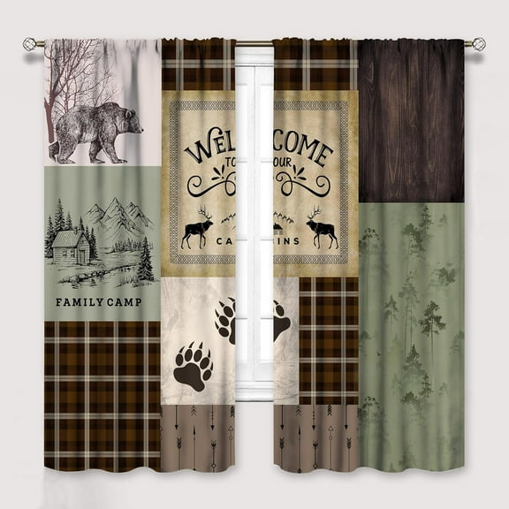 Cabin Retro Curtains Rustic Lodge Window Treatments, Bear Deer Moose Wild Animals Curtains for Living Room, Plaid Check Adventure Farmhouse Drapes 2 Panel Sets,42x54 Inch