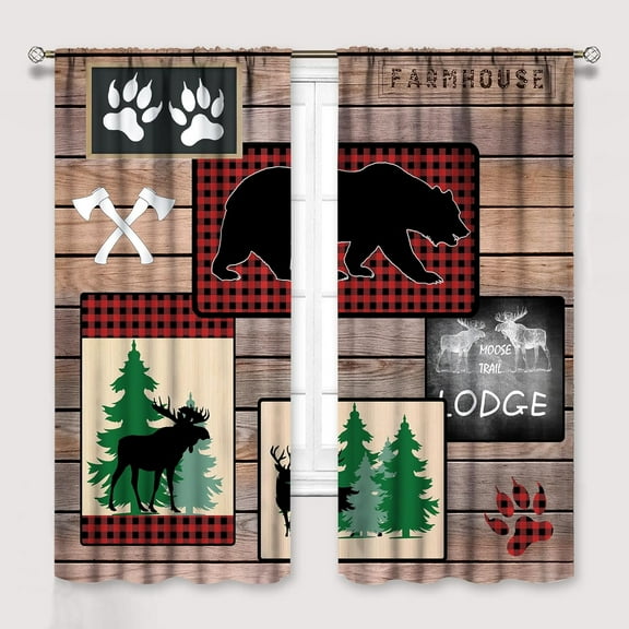 Cabin Retro Curtains Rustic Lodge Window Treatments, Bear Deer Moose Wild Animals Curtains for Living Room, Plaid Check Adventure Farmhouse Drapes 2 Panel Sets,42x54 Inch