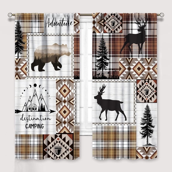 Cabin Retro Curtains Rustic Lodge Window Treatments, Bear Deer Moose Wild Animals Curtains for Living Room, Plaid Check Adventure Farmhouse Drapes 2 Panel Sets,42x54 Inch