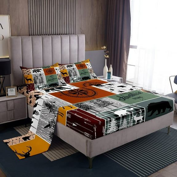 Cabin Retro Rustic Lodge Bed Sheets Set, Bear Deer Country Sheets Queen, Hunting Wild Animal Sheet Set Plaid Check Adventure Themed Flat Fitted Sheet Teens Adult Men Bedroom Decor