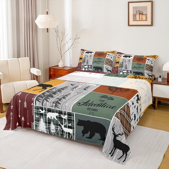 Cabin Retro Rustic Lodge Bed Sheets Set, Bear Deer Country Sheets Queen, Hunting Wild Animal Sheet Set Plaid Check Adventure Themed Flat Fitted Sheet Teens Adult Men Bedroom Decor