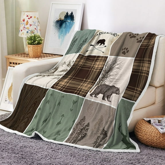 Cabin Retro Rustic Lodge Chunky Throw Blanket for Couch Bedroom Bedding Decor Office, Bear Deer Country Hunting Wild Animal Soft Thick Flannel Bed Blanket Decorations (640 Grams 50X60 Inches)