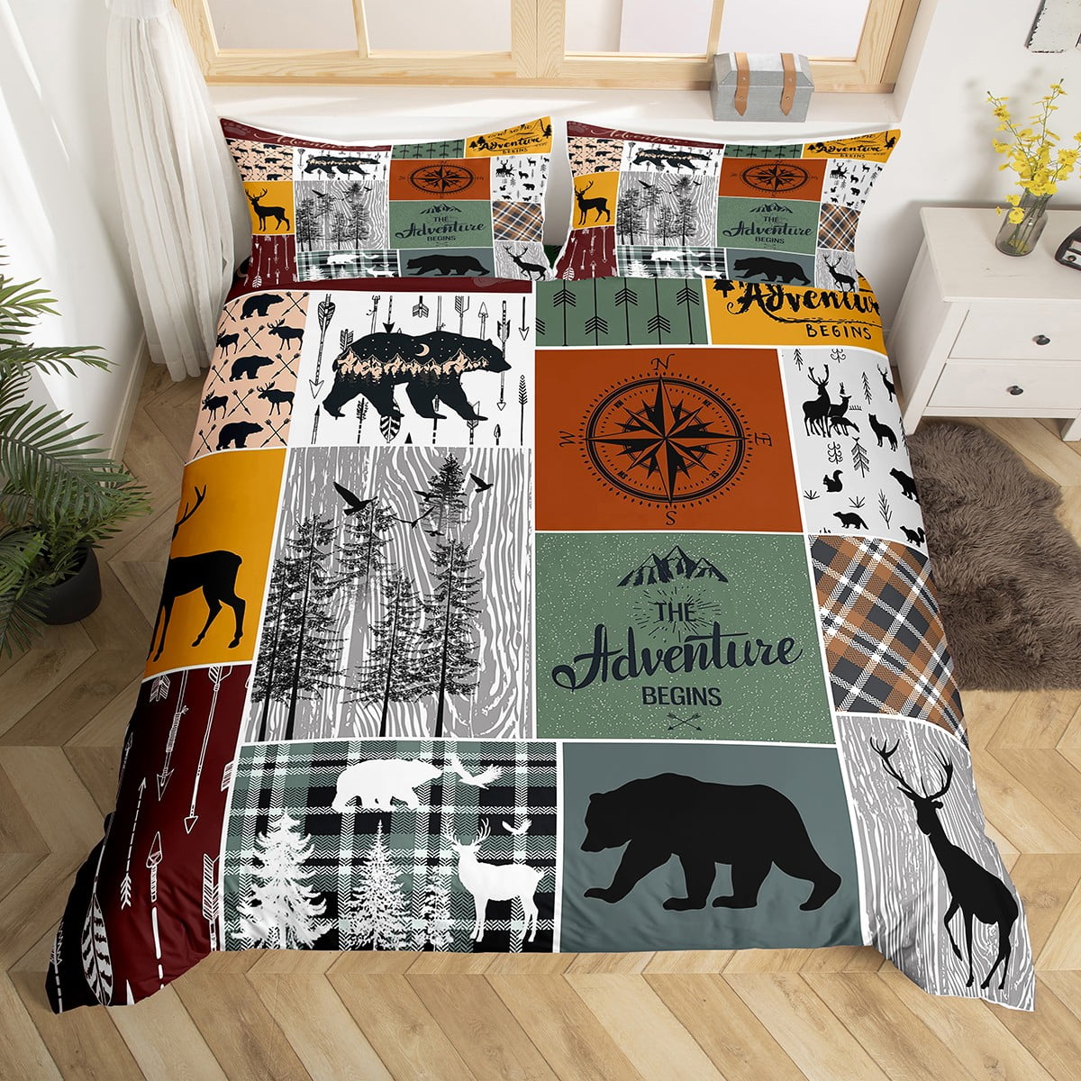 Cabin Retro Rustic Lodge Duvet Cover, Bear Deer Country Bedding Set