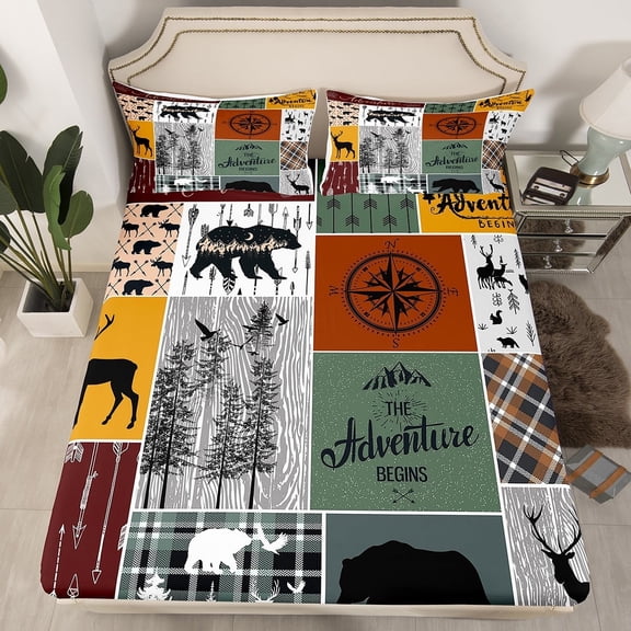 Cabin Retro Rustic Lodge Fitted Sheet, Bear Deer Country Bedding Set Twin, Hunting Wild Animal Bed Sheets Plaid Check Adventure Themed Sheets Teens Adult Men Bedroom Decor