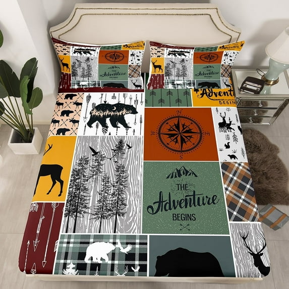Cabin Retro Rustic Lodge Fitted Sheet, Bear Deer Country Bedding Set Twin, Hunting Wild Animal Bed Sheets Plaid Check Adventure Themed Sheets Teens Adult Men Bedroom Decor