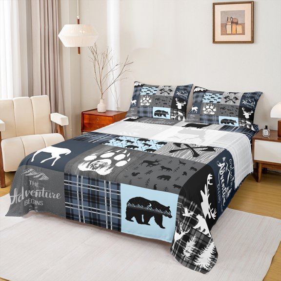 Cabin Retro Rustic Lodge Sheets Queen, Bear Deer Country Sheet Set Teens Bedroom, Hunting Wild Animal Bed Sheets Set Plaid Checkered Adventure Flat Fitted Sheet With 2 Pillow Cases