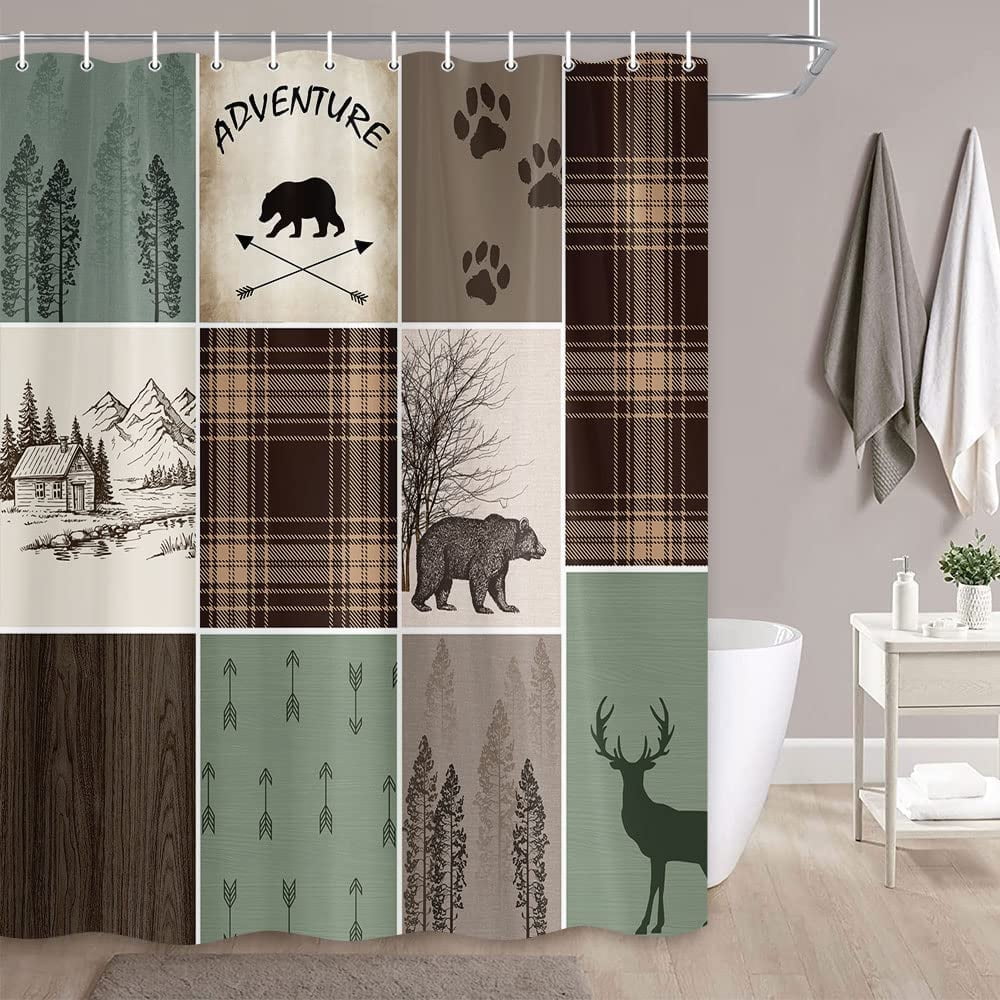 Cabin Retro Rustic Lodge Shower Curtain, Bear Deer Country Hunting Wild ...