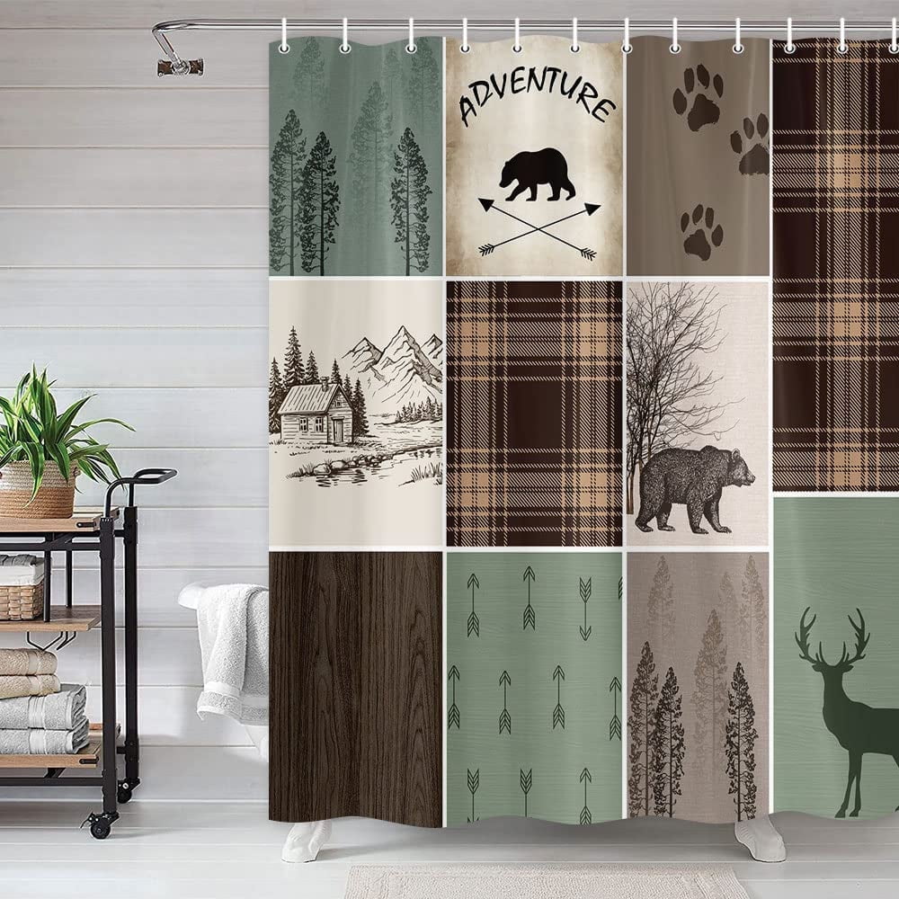 Cabin Retro Rustic Lodge Shower Curtain Bear Deer Country Hunting Wild Animal Fabric Curtains Plaid Check Adventure Bathroom Liner With Hooks 69x70inches Com