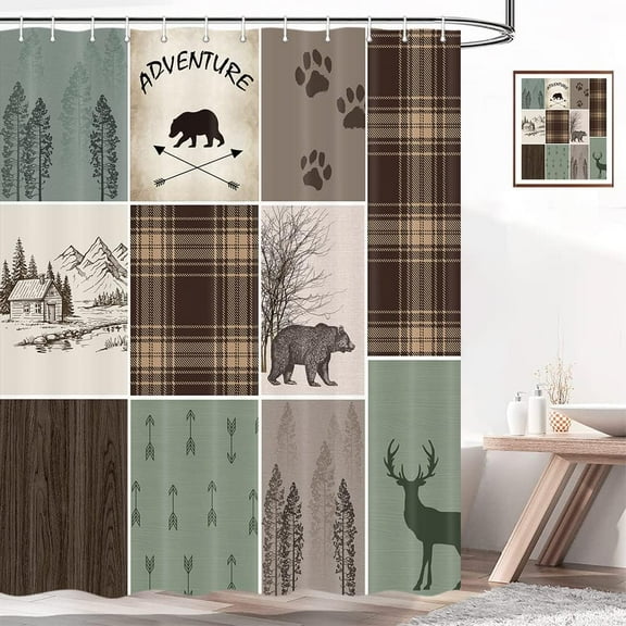 Cabin Retro Rustic Lodge Shower Curtain, Bear Deer Country Hunting Wild Animal Fabric Shower Curtains, Plaid Check Adventure Bathroom Curtain Liner with Hooks