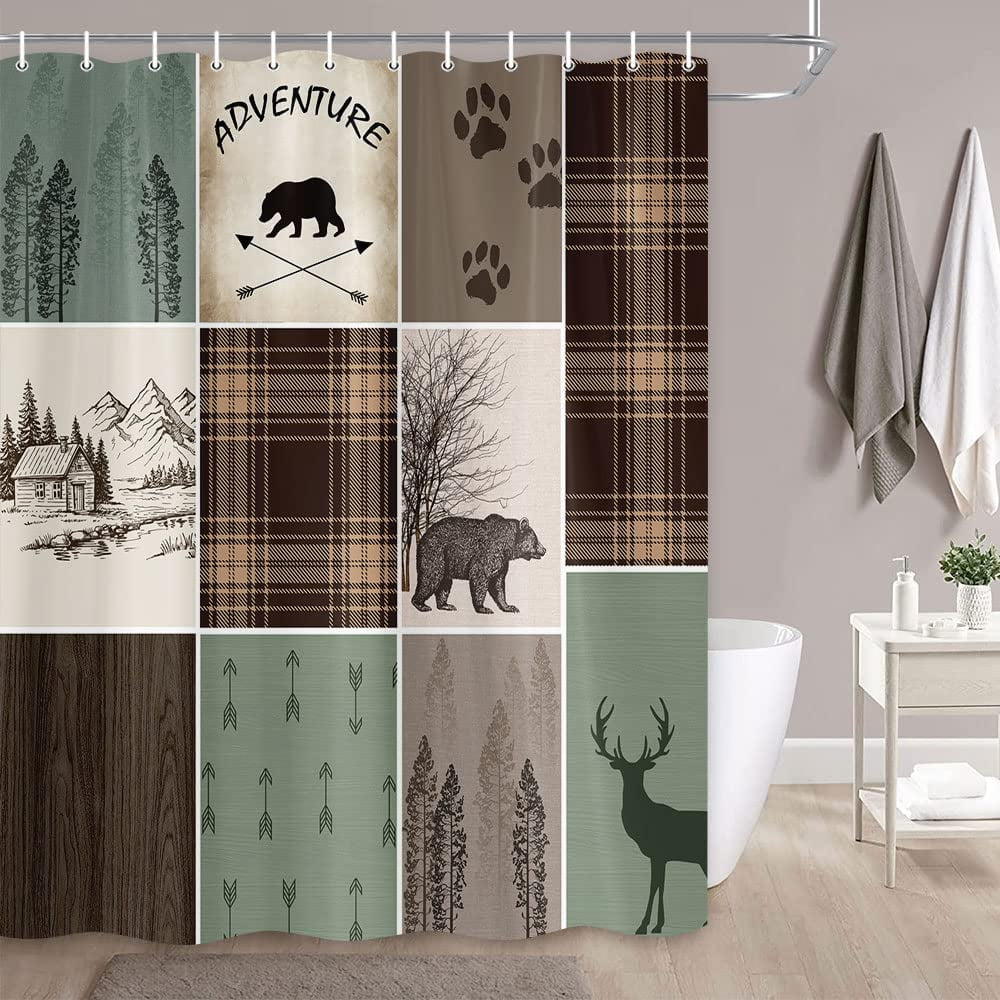 Cabin Retro Rustic Lodge Shower Curtain, Bear Deer Country Hunting Wild Animal Fabric Shower Curtains, Plaid Check Adventure Bathroom Curtain Liner with Hooks 69x84inches
